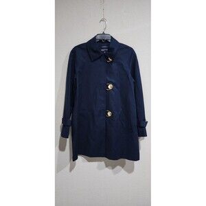 Jones New York Signature Swing Coat Womens S Navy Blue Stretch Pockets Snap EUC